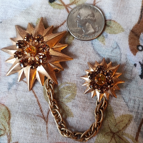 Unisex Vintage Dual Adornment Blazer Pin Brooch Gold Tone Topaz Stones Prong Set - Picture 3 of 7